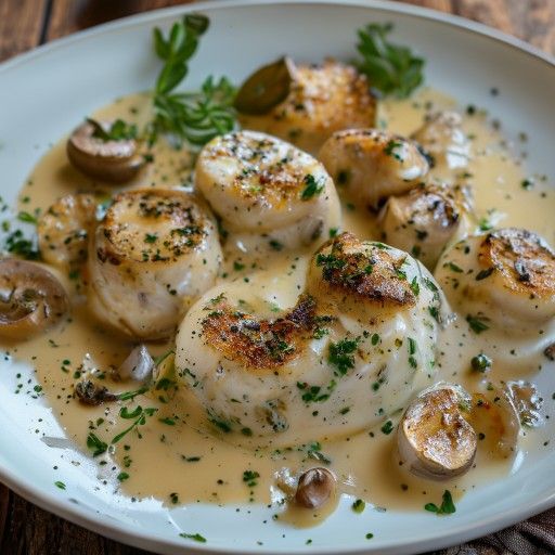 Gamberi di mare saltati con funghi in salsa di panna e formaggio