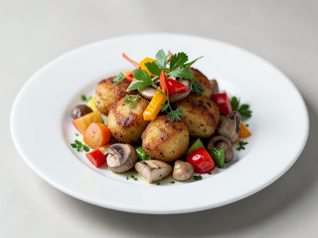 Patate fritte croccanti con verdure colorate e funghi