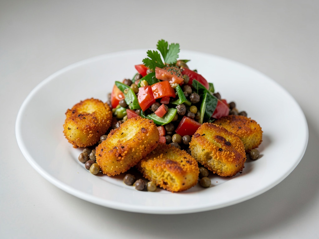 Capes de courge croustillantes avec salade de lentilles et tomates
