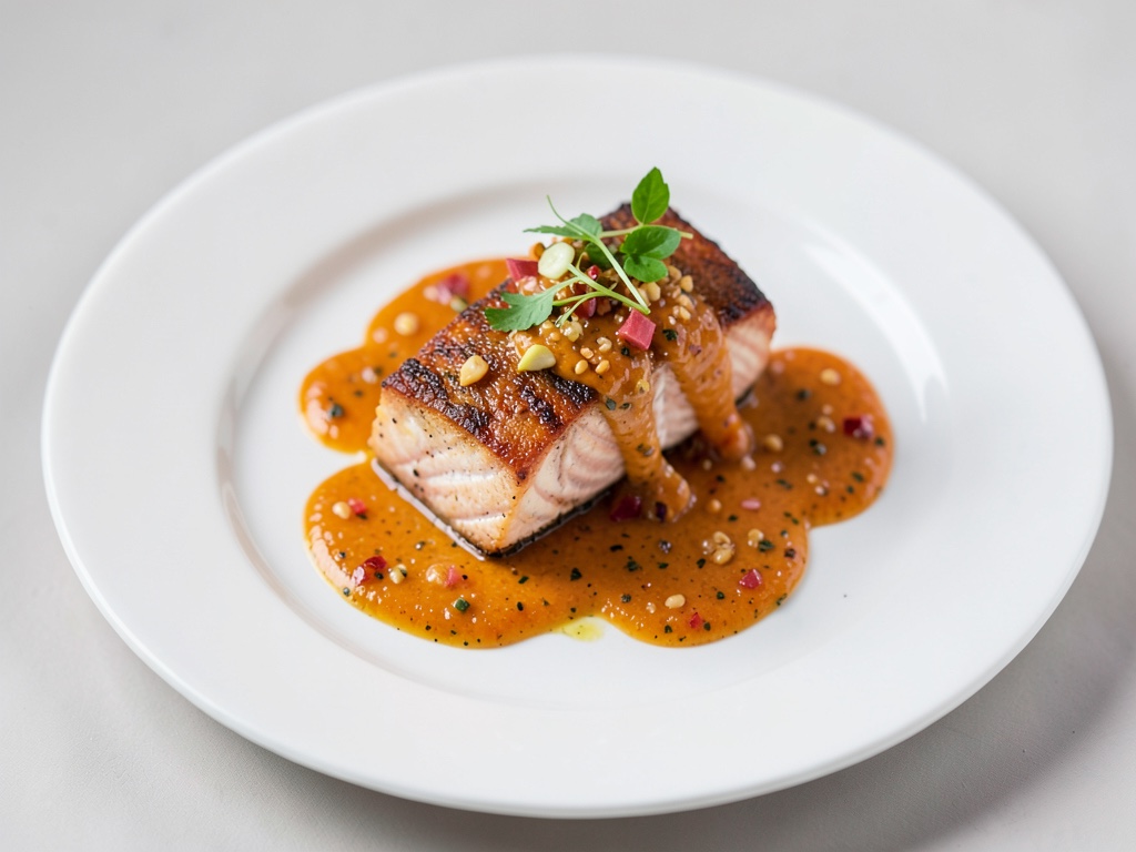 Salmone croccante con salsa all'arancia e wasabi fruttata e speziata