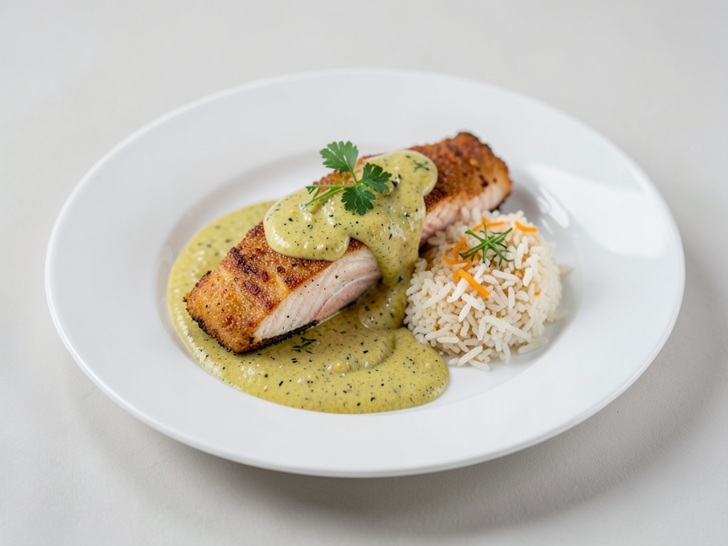 Saumon croustillant à la sauce moutarde-crème et riz