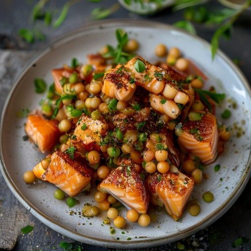 Dadi di salmone croccanti con ceci
