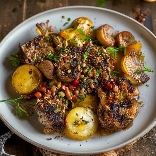 Crispy Lamb Shoulder with Mushroom and Nut Topping