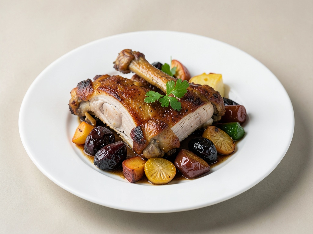 Cosce di tacchino croccanti con prugne e verdure arrosto