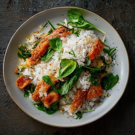 Merluzzo croccante con riso e spinaci