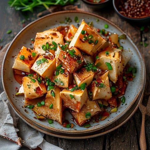 Tofu triangolare croccante con sesamo e cipollotti