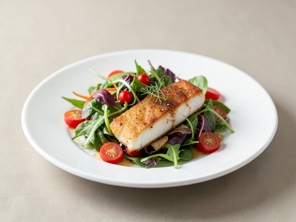 Merluzzo croccante su insalata di verdure fresche