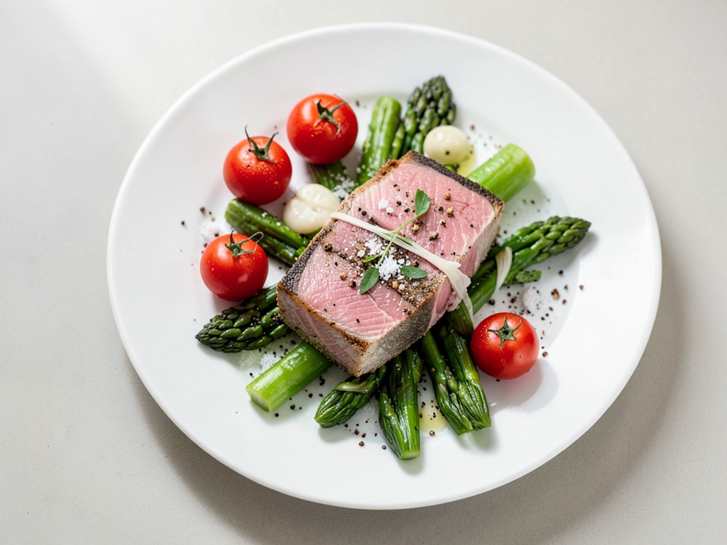 Salmone croccante con insalata fresca di asparagi e pomodori