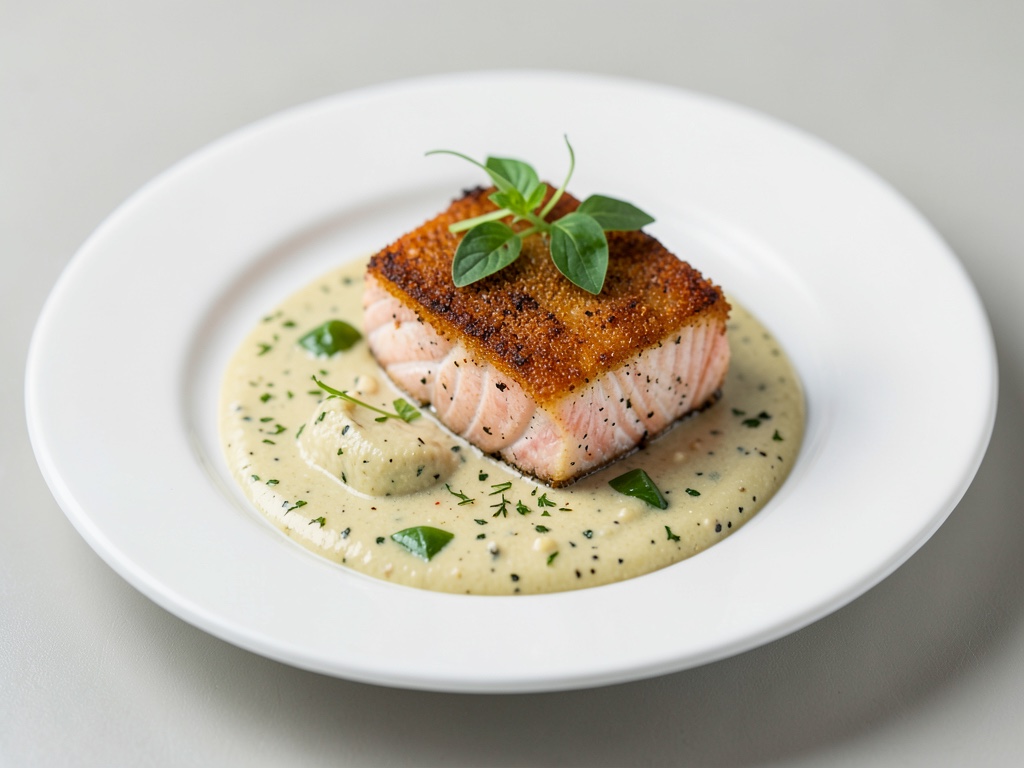 Salmone croccante su crema cremosa di acetosa
