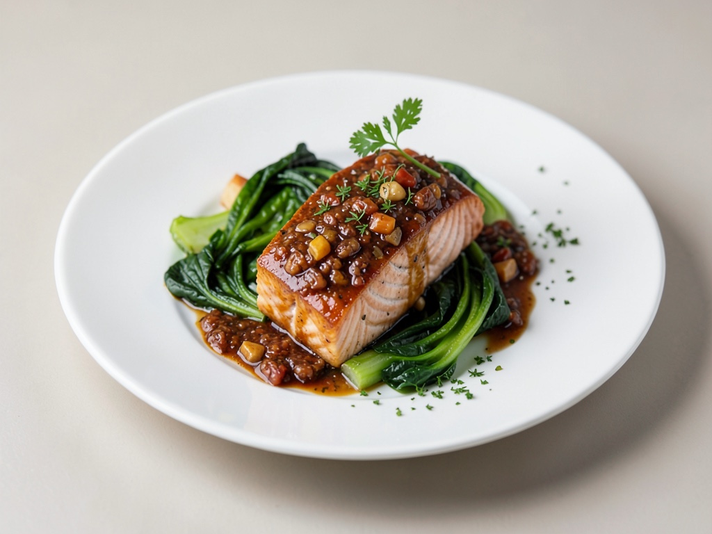 Salmone in marinatura di miele e peperoncino con Pak Choi