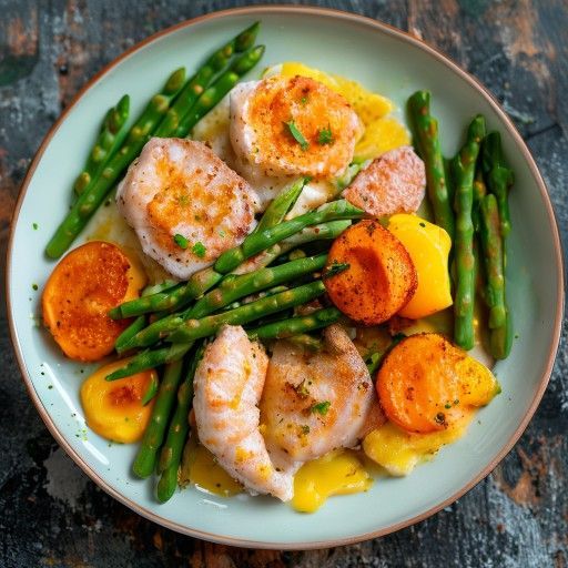 Gebratener Pangasius mit grünem Spargel und Süßkartoffelbrei