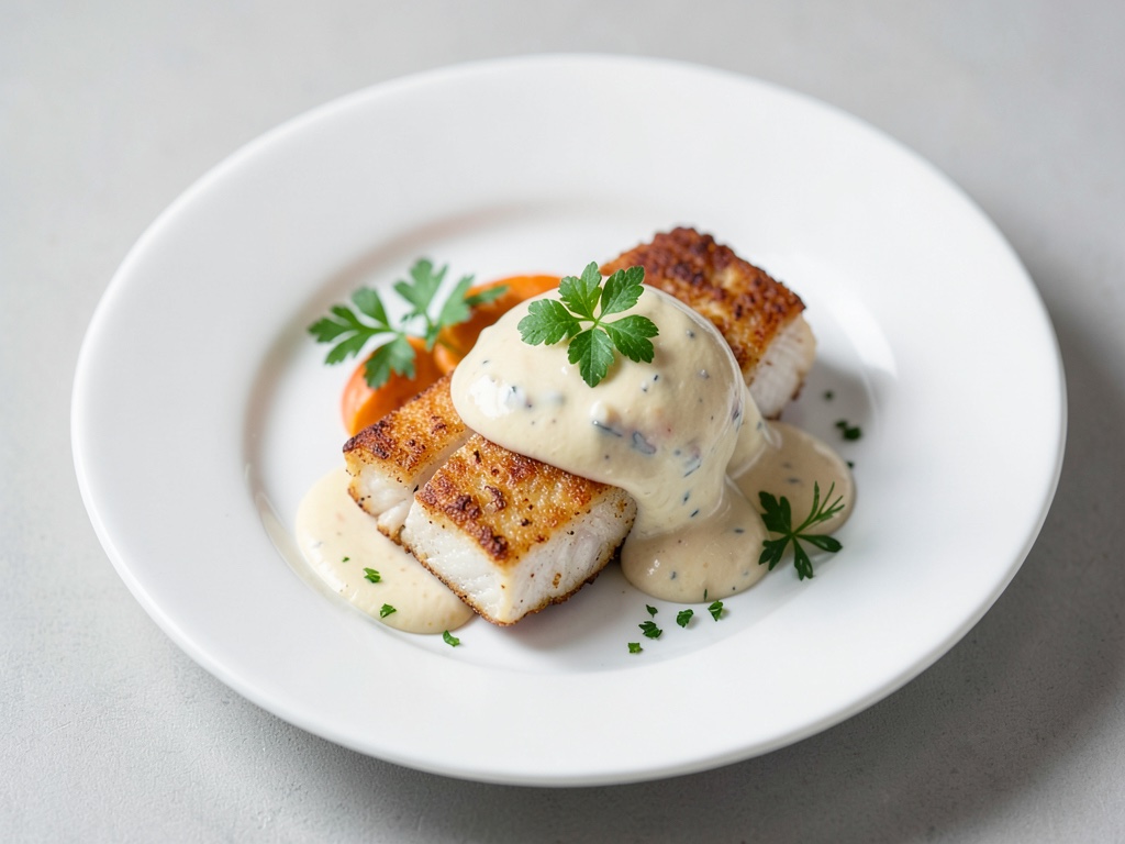 Gebratene Fischfilets mit cremiger Zwiebelsauce