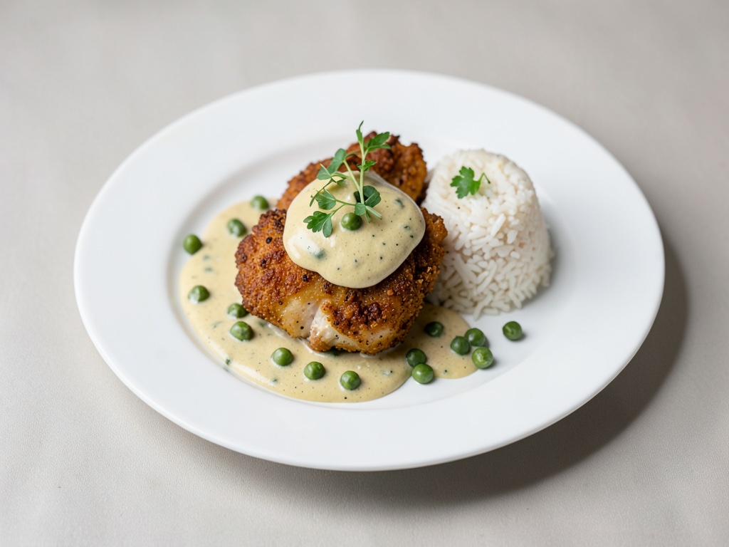 Pollo croccante con salsa cremosa ai piselli e riso
