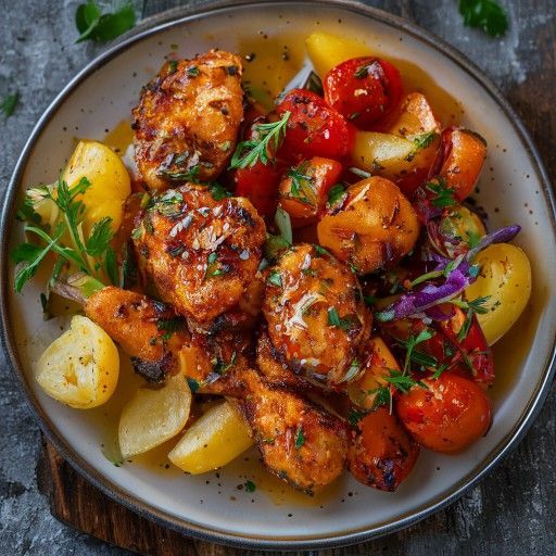 Pollo croccante con glassa al miele e senape e verdure al forno