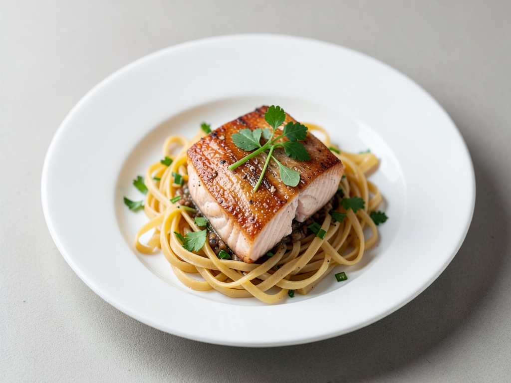 Salmone fritto su tagliatelle