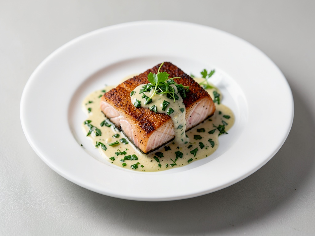 Salmone croccante con salsa alle erbe fresche