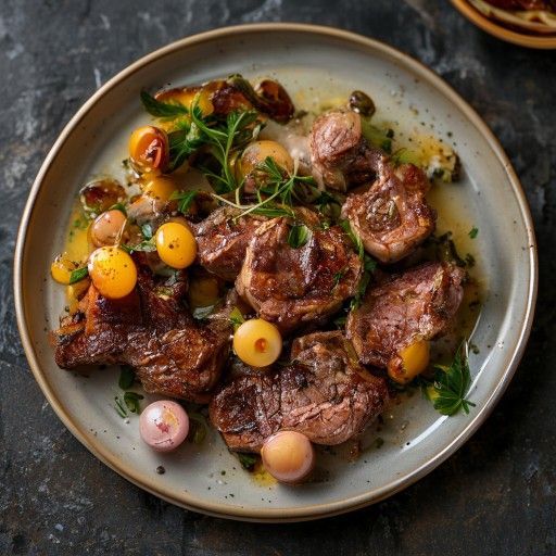 Filetto di cosciotto d'agnello croccante con cipolline