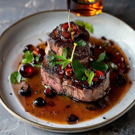 Filetto di cervo arrostito con funghi chanterelle e marmellata di mirtilli rossi