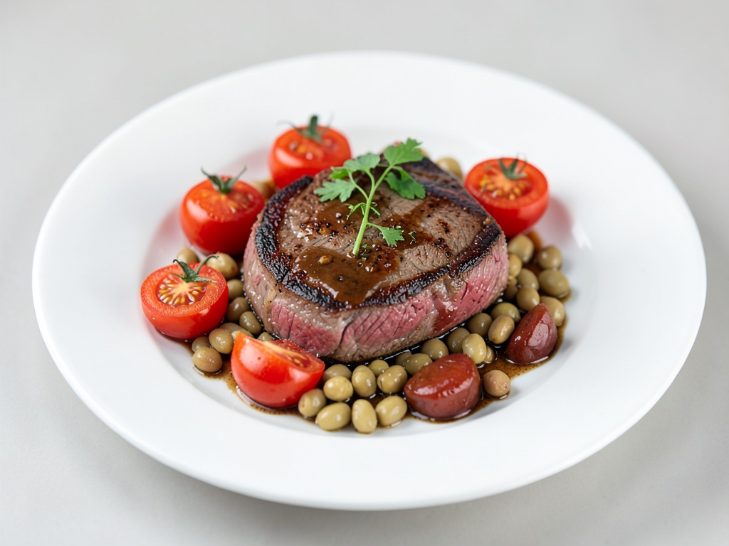Filetto di manzo arrosto con pomodorini e fagioli