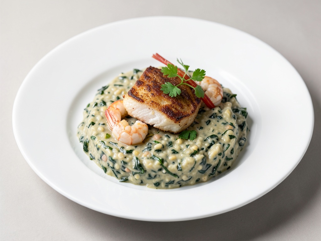 Merluzzo rosso fritto su risotto cremoso agli spinaci con granchio di mare profondo