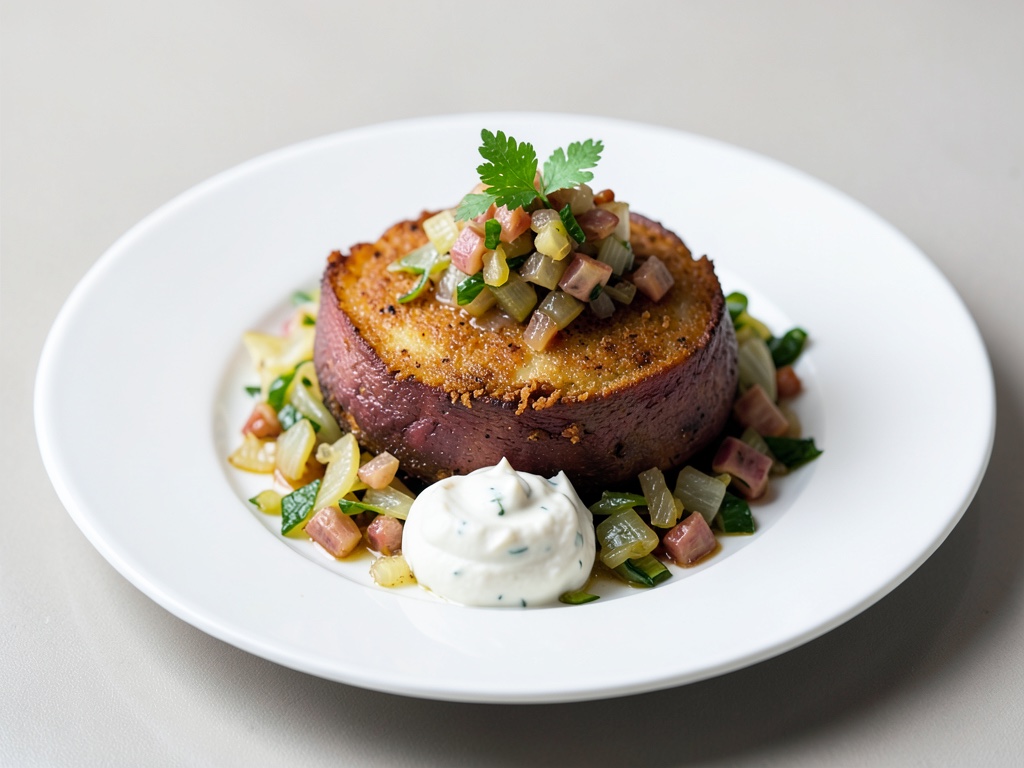 Batata crujiente con chucrut y dip de requesón