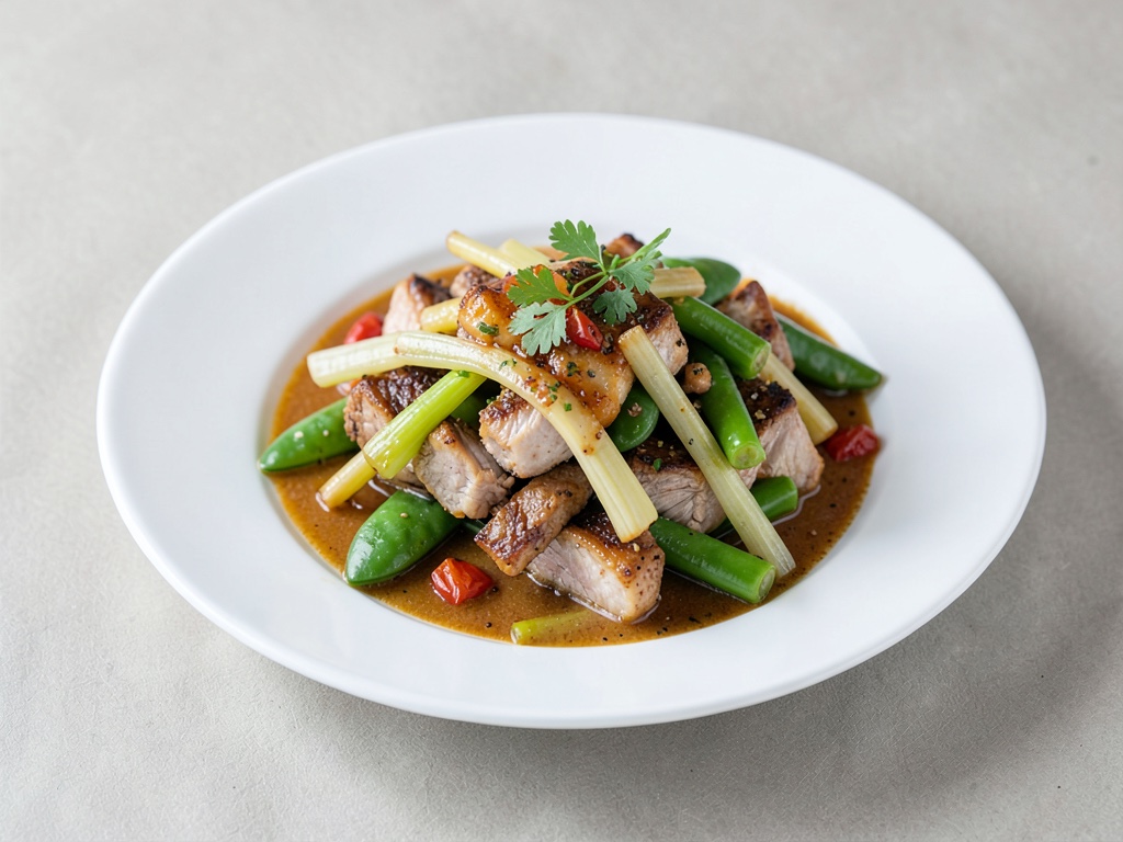 Piatto in Wok con maiale, germogli di bambù e fagiolini