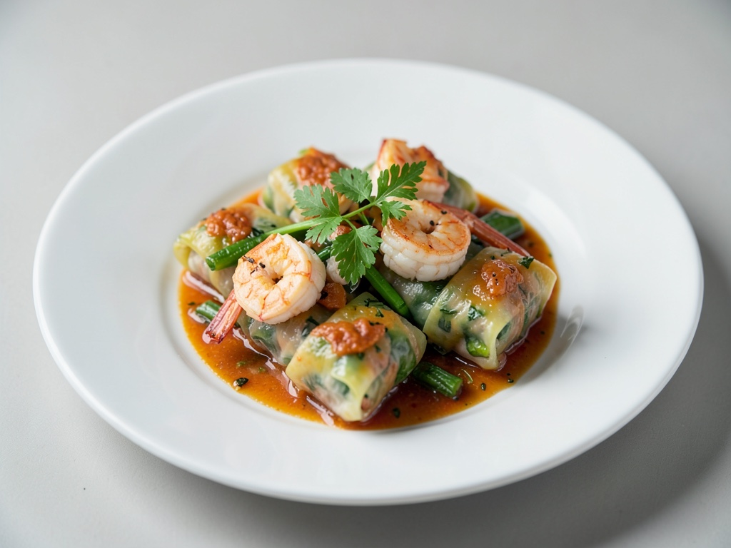 Rollitos de primavera al vapor con gambas y verduras