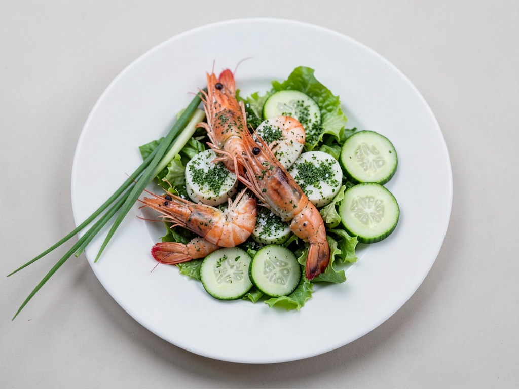 Gamberi al vapore su insalata di cetriolo e crescione daikon