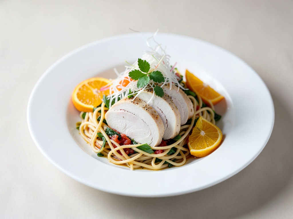 Salade de pâtes au blanc de poulet vapeur et à l'orange