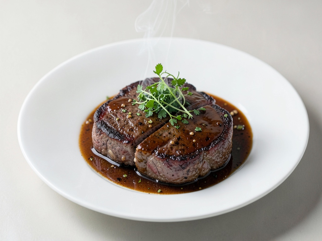 Bistec di filetto di vitello tenero con vapore alle erbe e salsa al vermouth