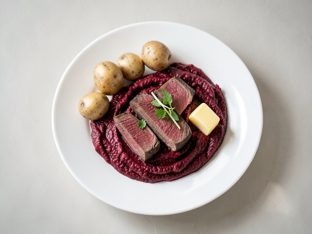 Filetto di manzo al vapore con contorno cremoso di barbabietola