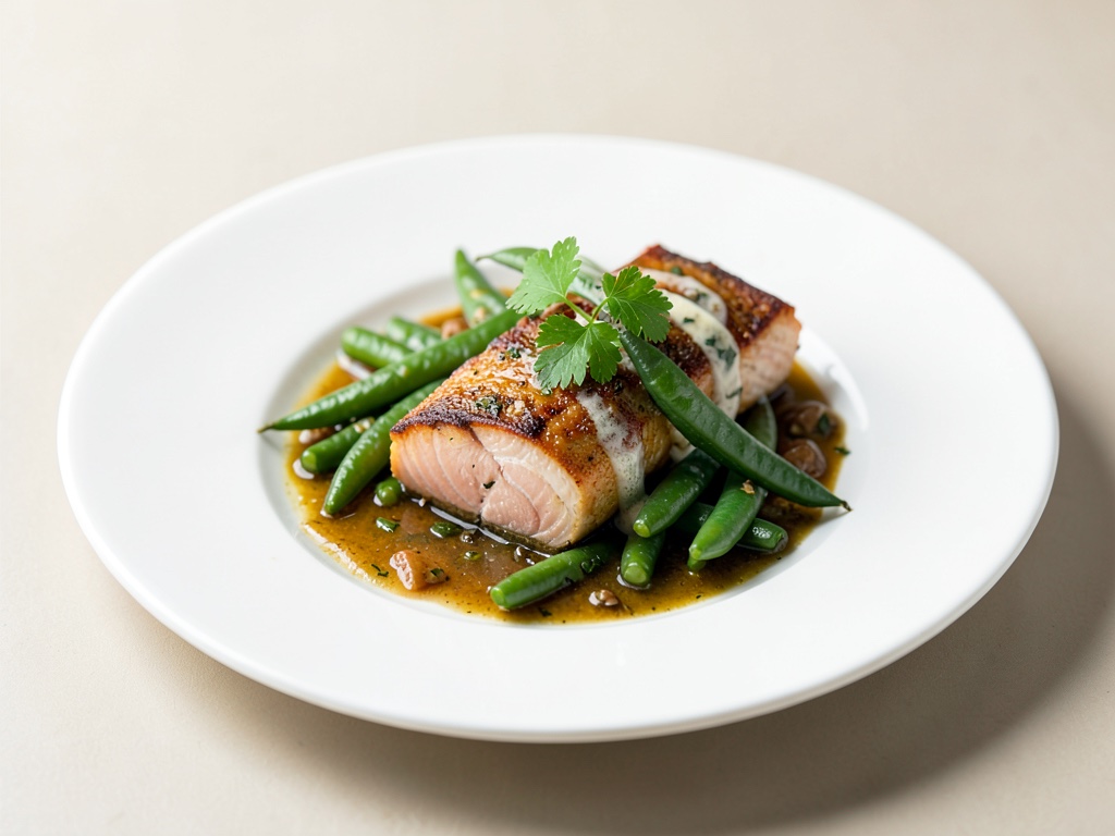 Salmone al vapore in sacchetti alle erbe con fagiolini