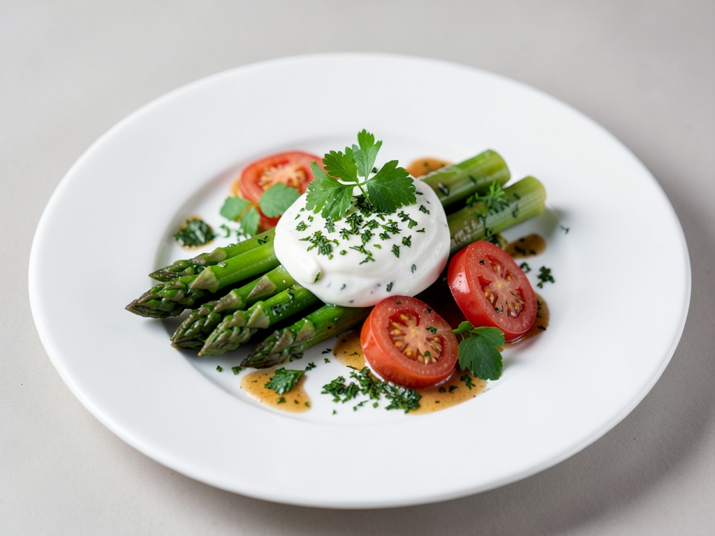 Asperges vapeur au yaourt aux herbes et dip aux tomates fraîches