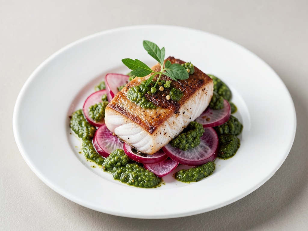 Delicato merluzzo su letto di ravanello con pesto verde