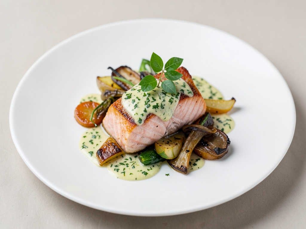 Salmone tenero con salsa alle erbe fresche e verdure stufate