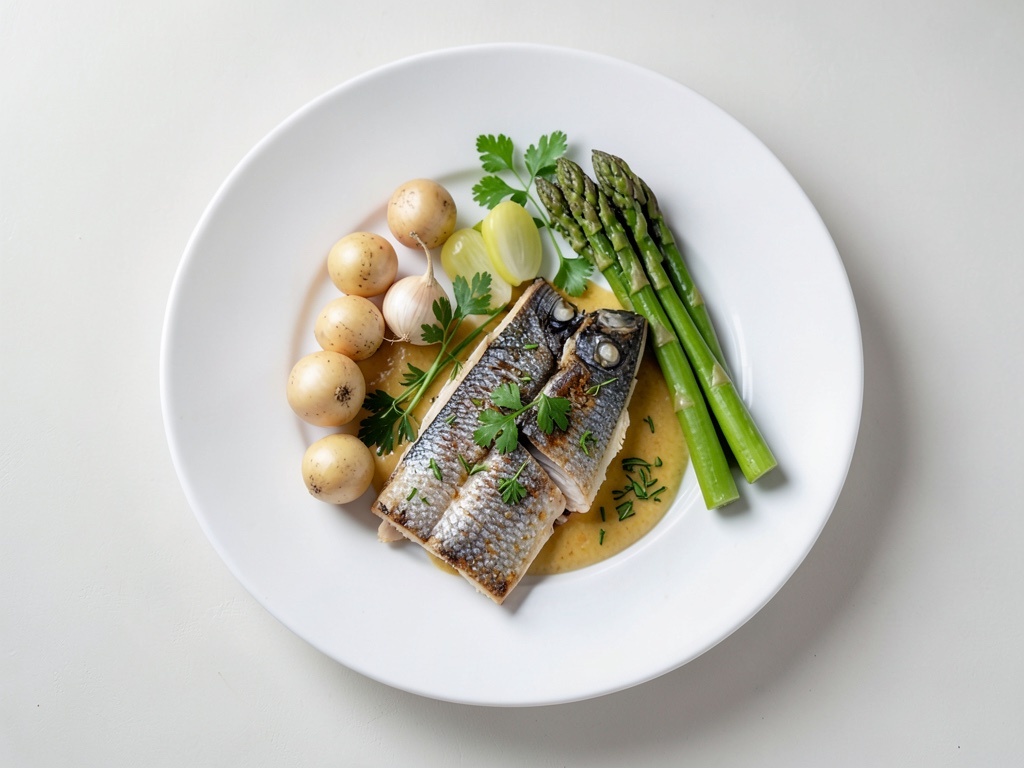 Tendre poisson cuit à la vapeur avec légumes de printemps croquants