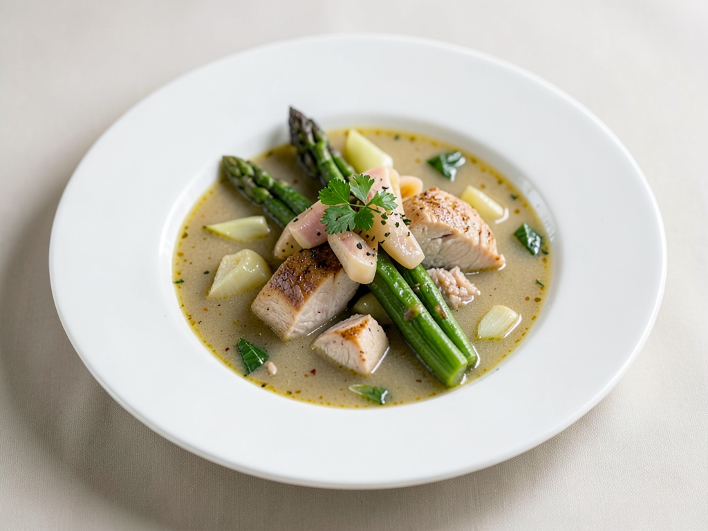 Zuppa di pollo con asparagi e porro