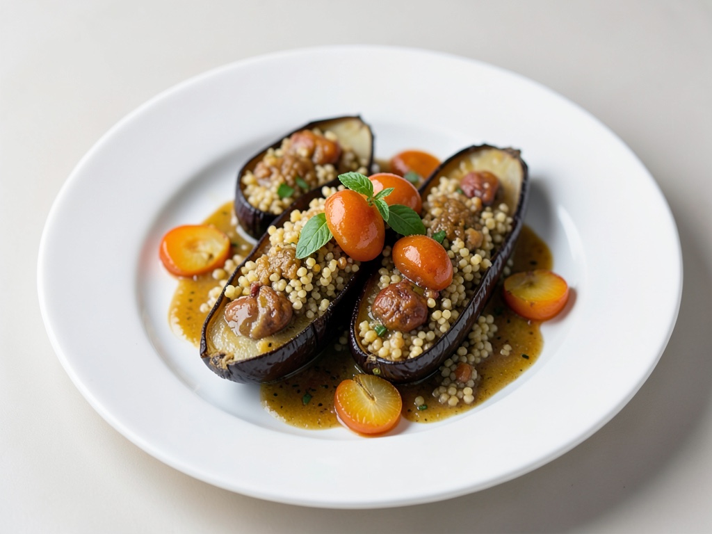Bateaux d'aubergines farcis au couscous et aux abricots