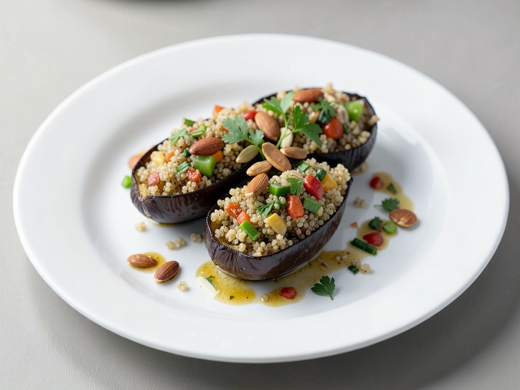 Barchette di melanzane ripiene con quinoa, verdure e mandorle