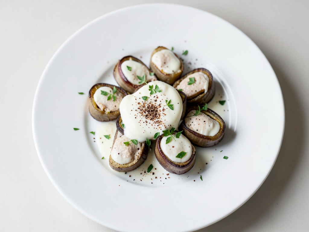 Rotoli di melanzane farciti con carne e salsa bianca