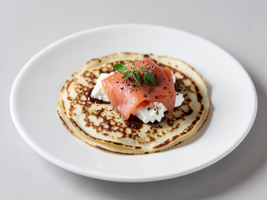 Crêpes de albahaca con salmón ahumado y queso crema