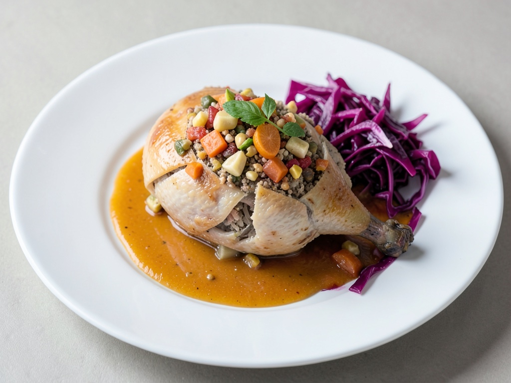 Gans gefüllt mit Obst-Nuss-Mix, serviert mit Orangen-Jus und scharfem Rotkohl
