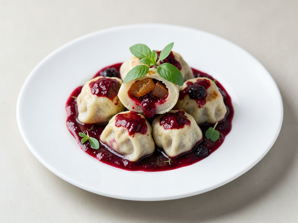Knödel con lievito di birra, ripieni di albicocche e salsa ai frutti di bosco
