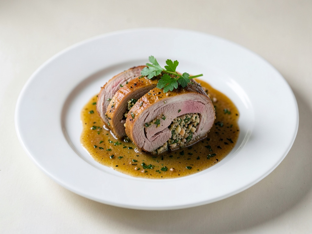 Saftige Kalbsbrust mit Kräuterfüllung und Sauce