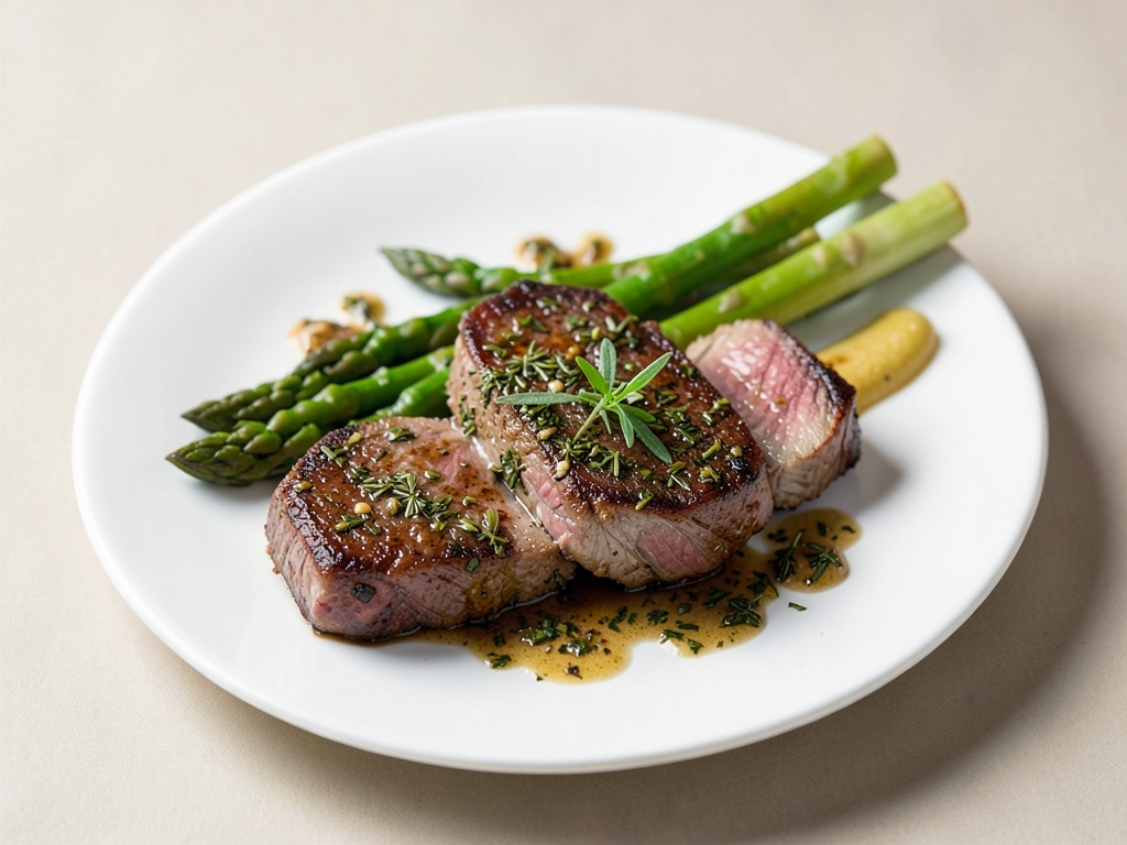 Bistecche di vitello con crosta alle erbe e asparagi
