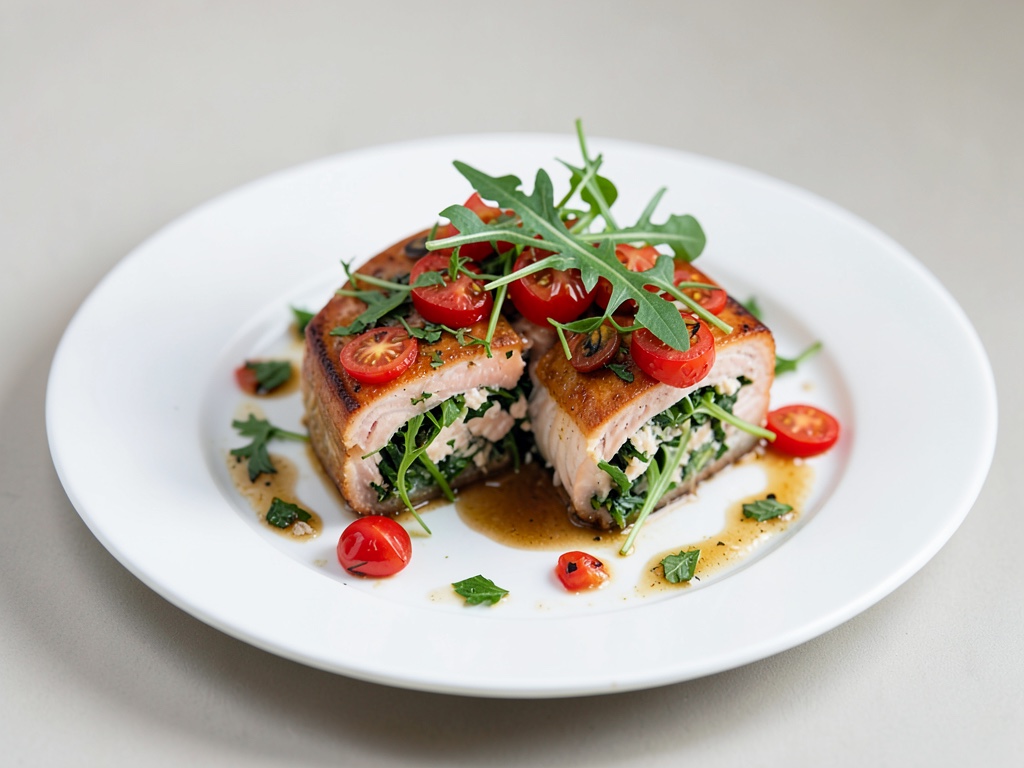 Filetti di trota salmonata con ripieno di pomodori e rucola