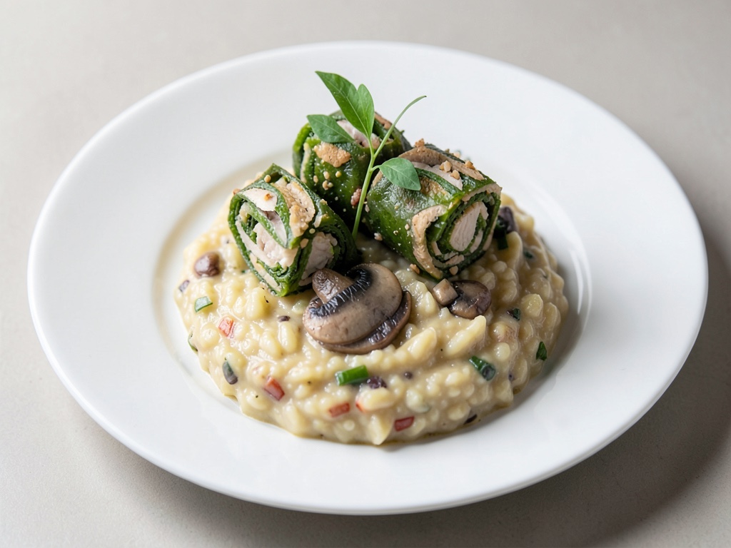Involtini di barbabietola con risotto ai funghi