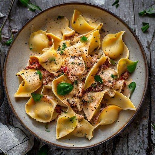 Tortellini mit Fleisch, Paprika und Orangen-Sahne-Soße