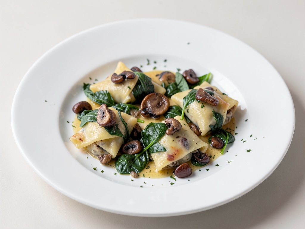 Hausgemachte Nudeltaschen mit Steinpilzen und Spinat