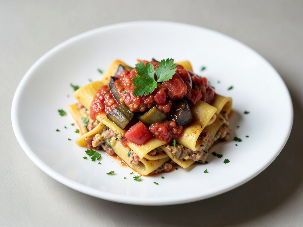 Hausgemachte gefüllte Nudeln mit Tomaten-Auberginen-Soße